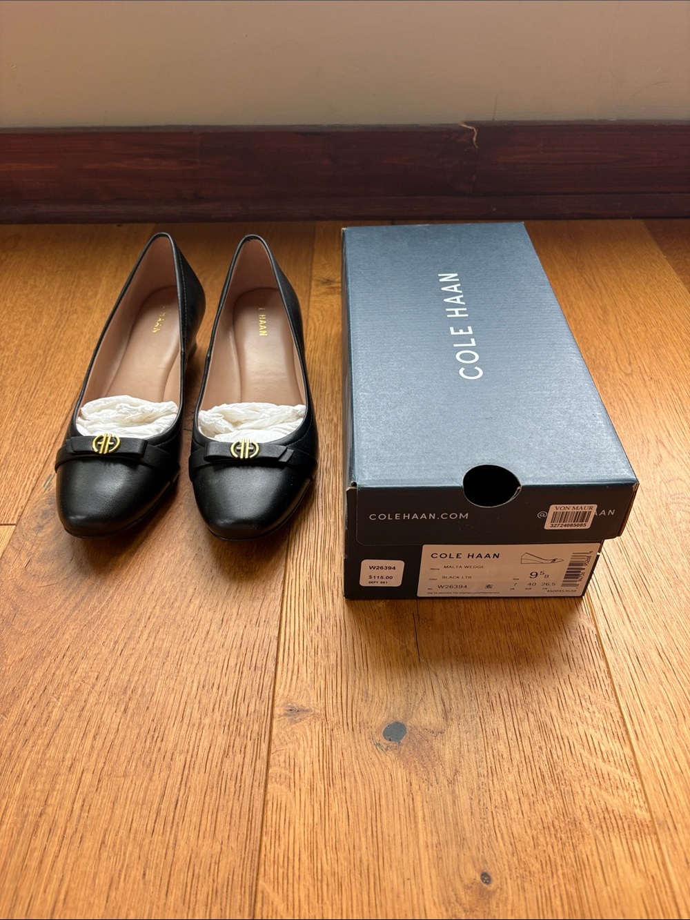 Cole Haan Malta Wedge Black Leather Women's Loafers with Gold Logo Trim